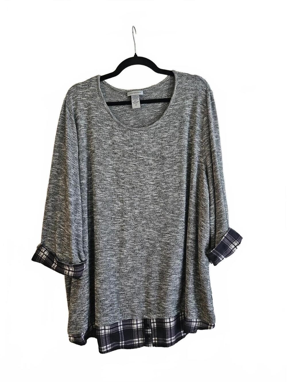 Catherines Women's 2X Gray Knit Top with Plaid Hem and Cuffs-Fall Wardrobe Ready
